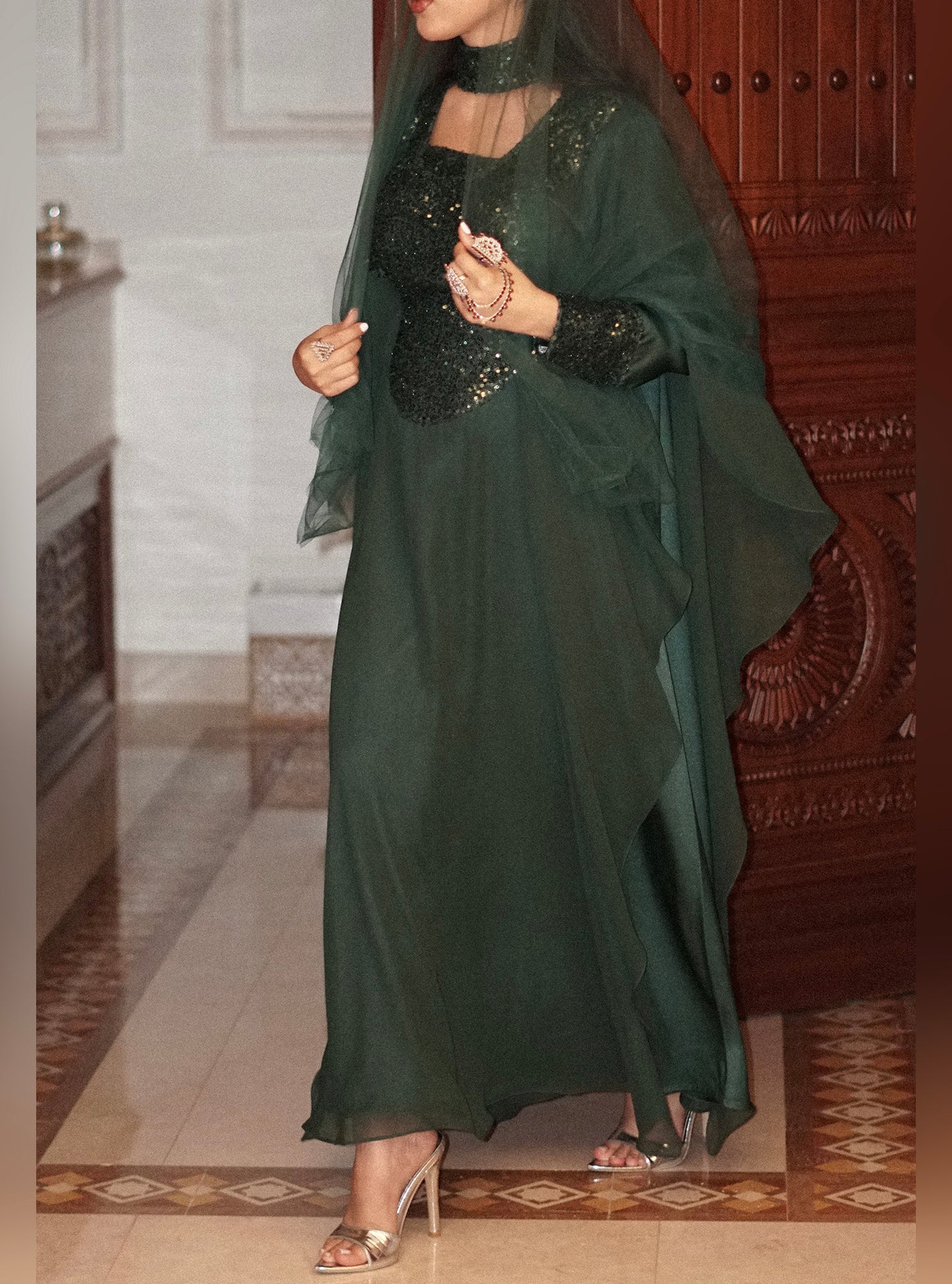 LS175 Green Half Bisht Cut Dress