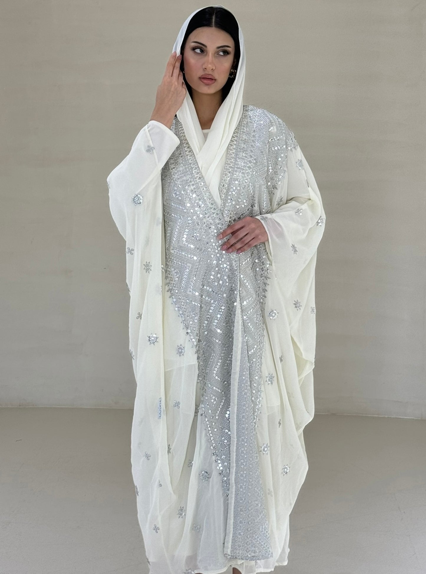 LS158 - Off white Bisht Cut Embroided Abaya