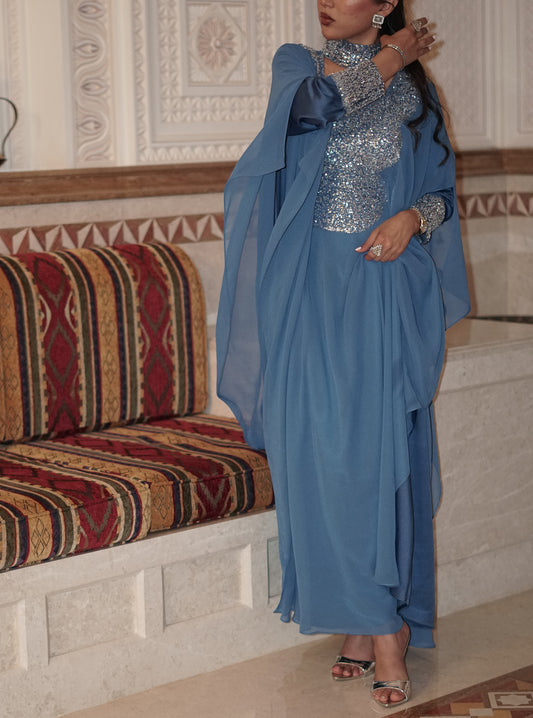 LS177 Blue Half Bisht Modest Dress