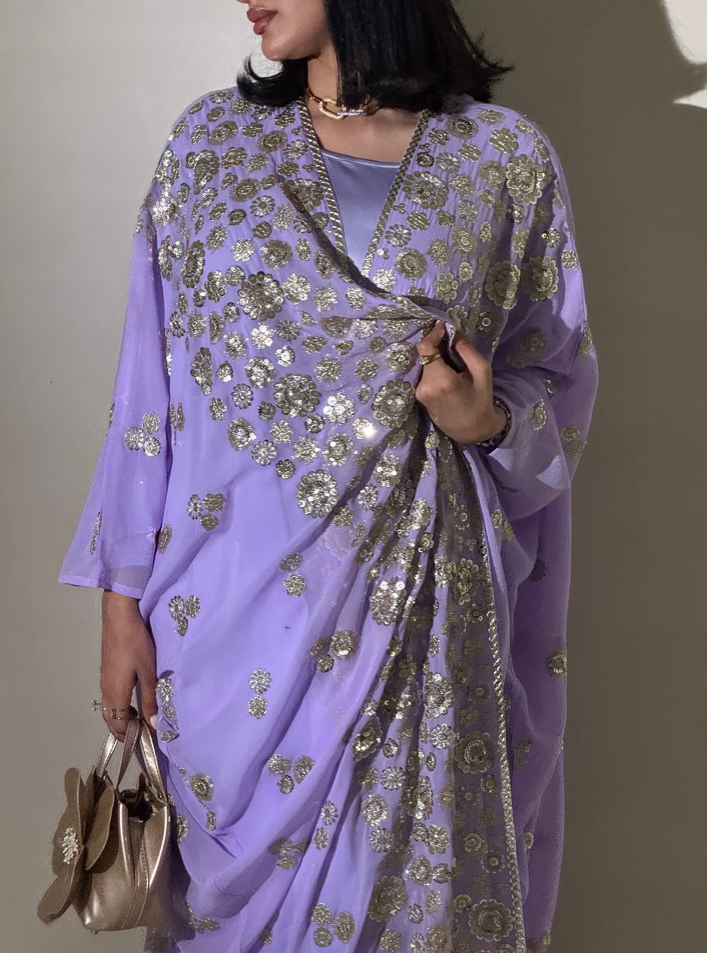 LS169 Light Purple Bisht Cut Evening Wear