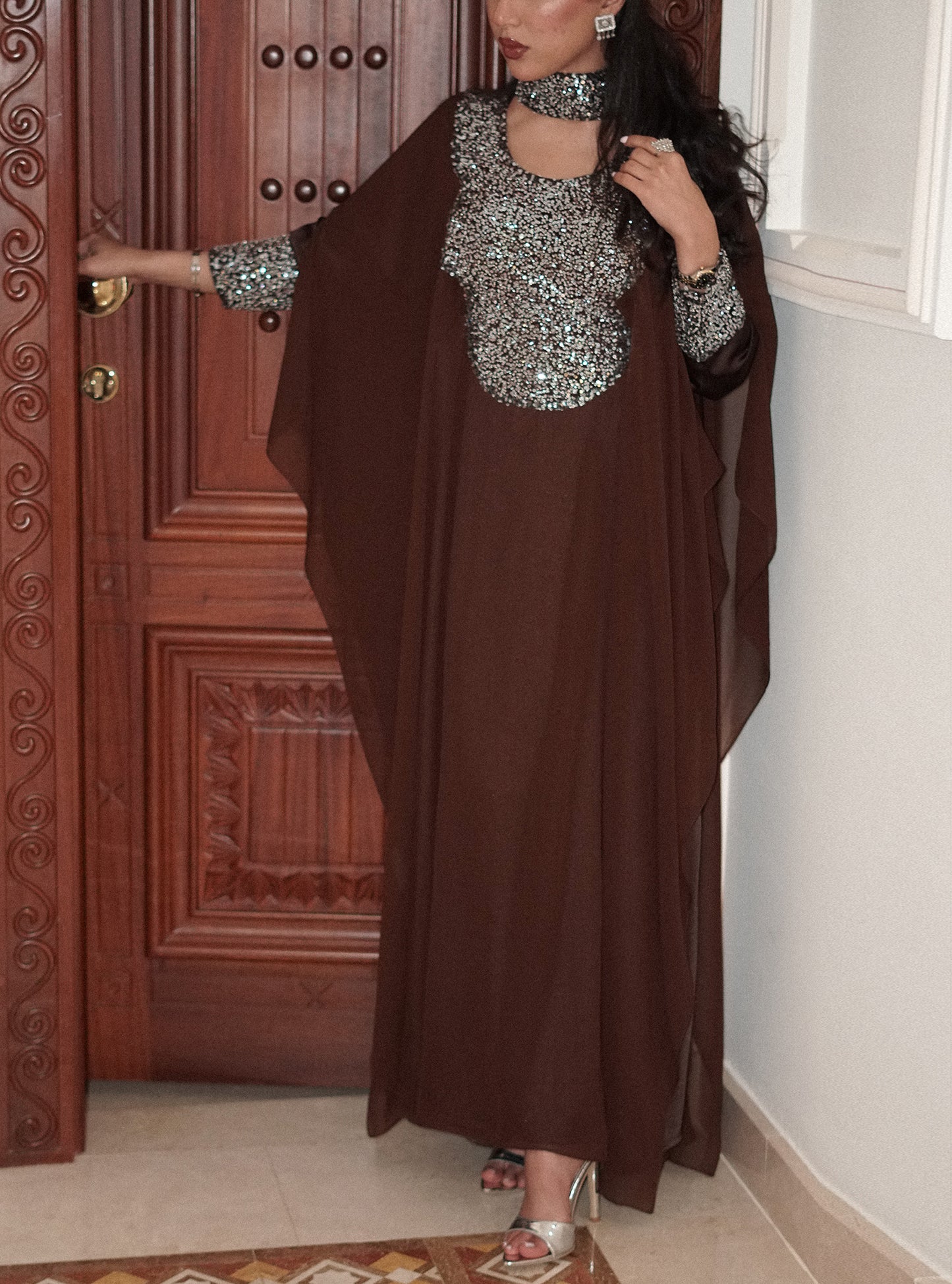 LS176 Dark Brown Half Bisht Dress