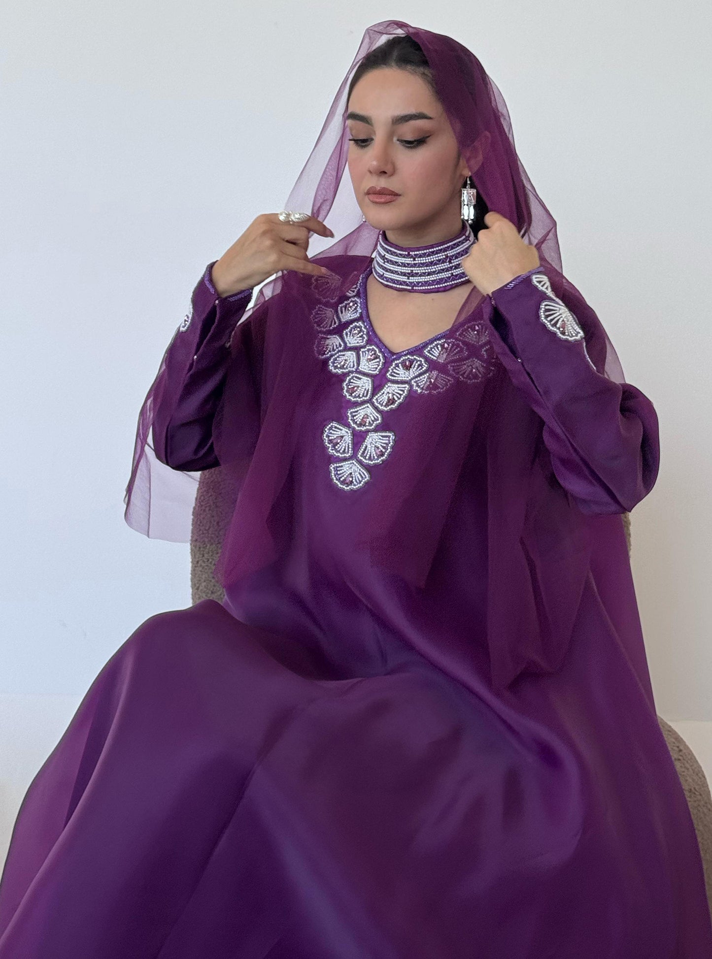 LS185 High neck Purple Acut M0dest Dress