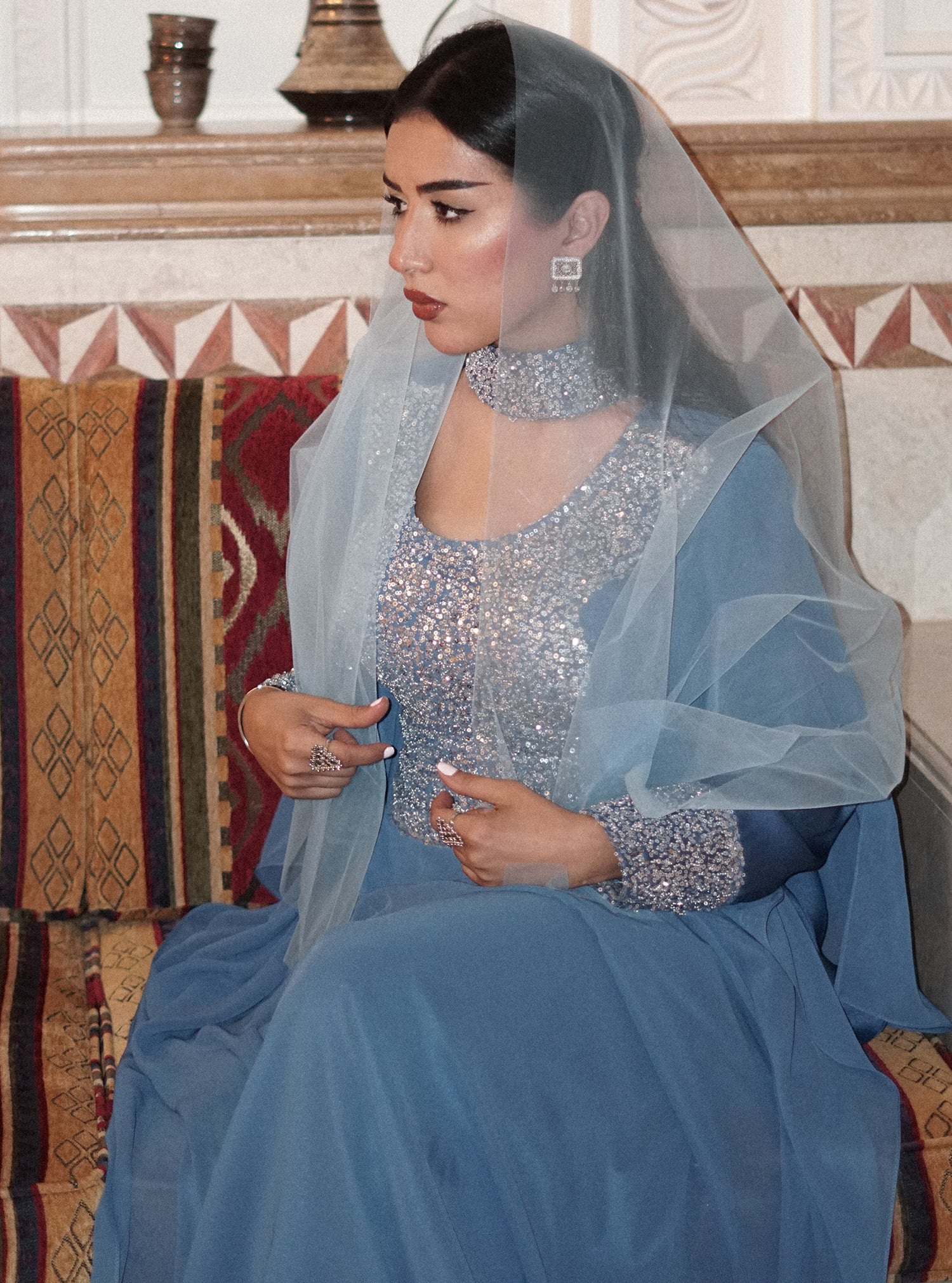 LS177 Blue Half Bisht Modest Dress