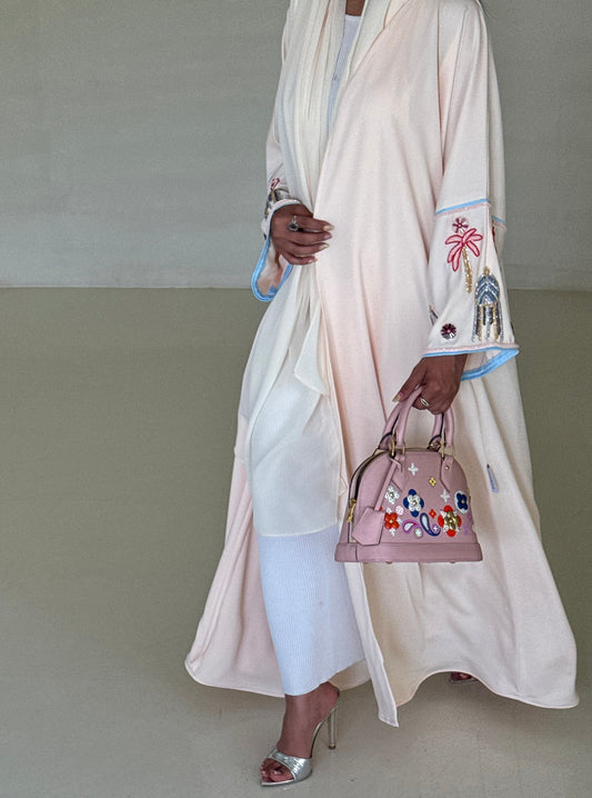 LS157 Beige  Acut Summary Embroidery Abaya